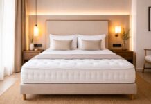 Cómo elegir colchones para un alojamiento turístico: materiales, medidas y firmeza Habitación de hotel moderna con una cama de matrimonio equipada con un colchón de alta calidad, ideal para alojamientos turísticos que buscan ofrecer el máximo confort y descanso a sus huéspedes.