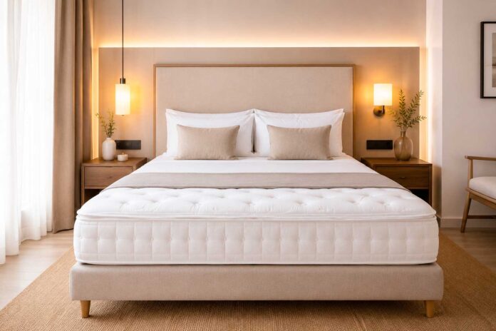 Habitación de hotel moderna con una cama de matrimonio equipada con un colchón de alta calidad, ideal para alojamientos turísticos que buscan ofrecer el máximo confort y descanso a sus huéspedes.