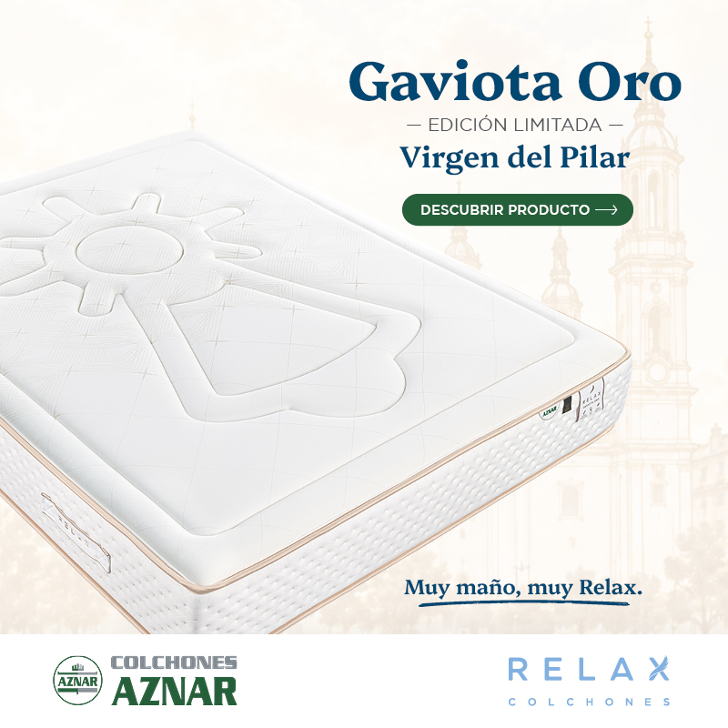 Colch&oacute;n Gaviota Oro Edici&oacute;n Limitada Virgen del Pilar 2026 de Relax, exclusivo de Colchones Aznar, homenaje a la tradici&oacute;n aragonesa.
